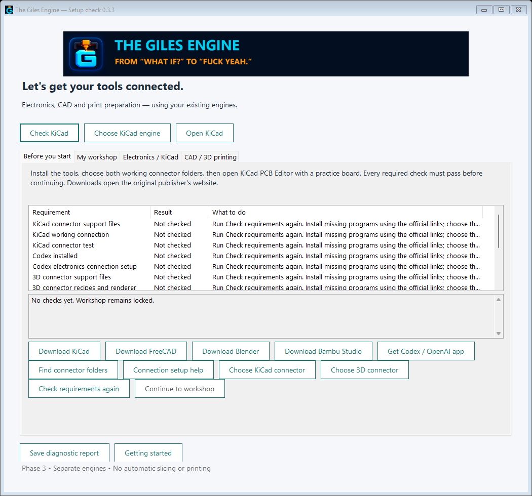 The Giles Engine setup screen showing its requirement list, official download buttons, connector-folder search and Continue to workshop button.